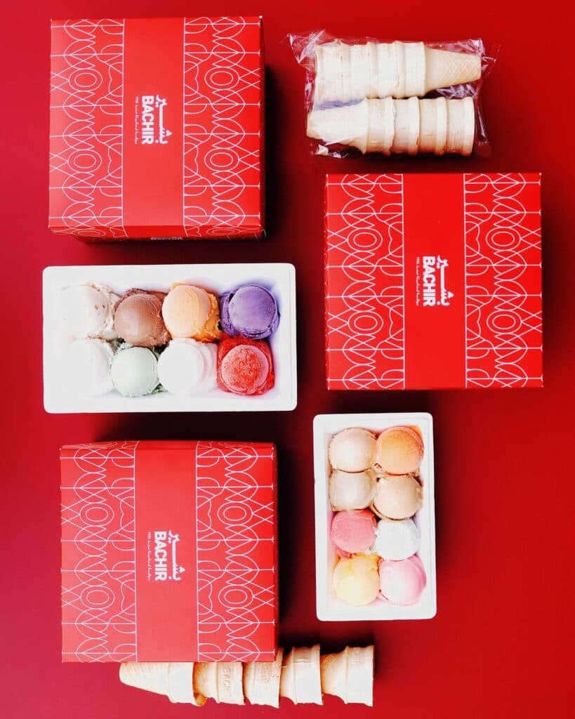 Bachir Ice Cream delivery boxes with assorted flavour scoops and cones
